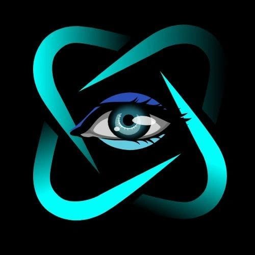 A blue eye with black background and green logo